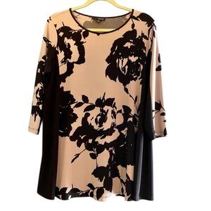 Sun Kim Black Taupe Floral 3/4 Sleeve Slinky Tunic Shirt Size M